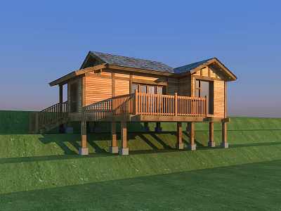 Wooden Detached House With Balcony Steps And Roof On Grassy Ground 3d model
