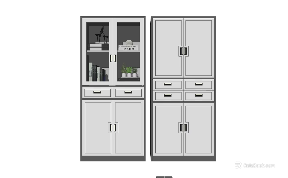 Modern Double Bookcase Design With Glass Doors Drawers And Storage Cabinets 3d model 