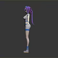 3D Woman Model With Purple Hair White Sportswear Blue Accents And Shoes On Gray Background