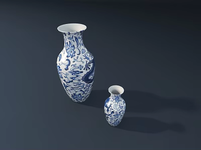 Traditional Blue and White Ceramic Vessels with Two Sizes and Intricate Floral Patterns 3d model