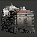 Detailed Long Urban Building Model With Red Roofs And Gray Beige Walls