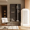White Accent Chair with Metal Frame and Wavy Decor in Modern Interior with Dark Glass Cabinet