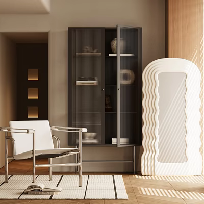 White Accent Chair with Metal Frame and Wavy Decor in Modern Interior with Dark Glass Cabinet 3d model