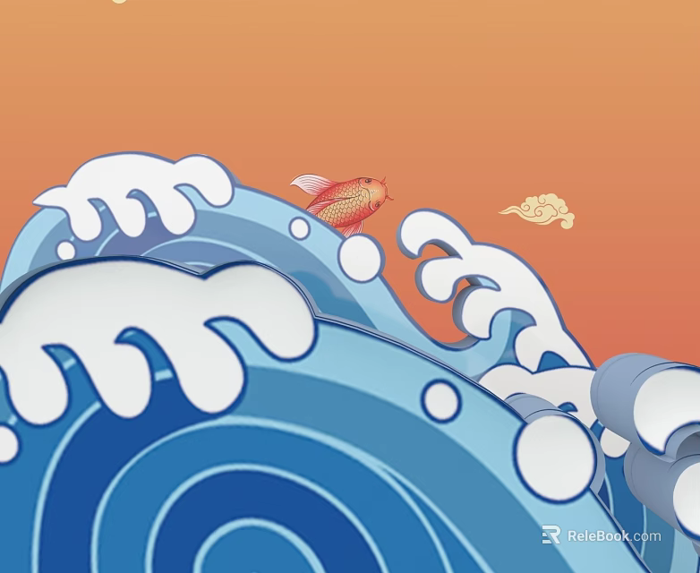 Cartoon Scene With Blue Waves Red Koi Fish And Cloud On Orange Background 3d model 