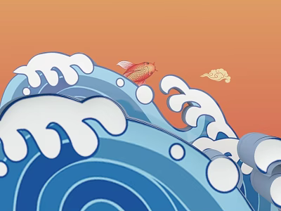 Cartoon Scene With Blue Waves Red Koi Fish And Cloud On Orange Background 3d model
