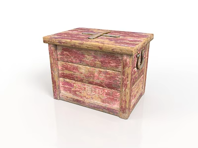Vintage Wooden Chest With Red Beige Wood Grain And Metal Latch Handle 3d model