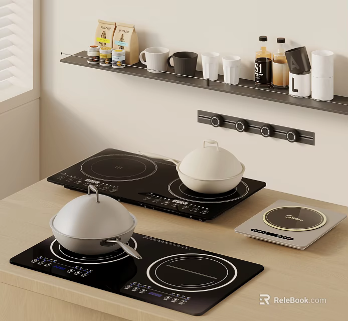 Modern Kitchen Setup With Induction Cooktops Covered Pots Shelves And Kitchen Items 3d model