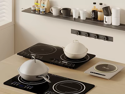 Modern Kitchen Setup With Induction Cooktops Covered Pots Shelves And Kitchen Items 3d model