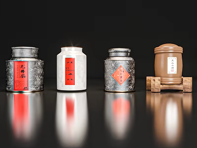 Elegant Tea Canisters in Various Designs with Red Labels and Wooden Stand 3d model