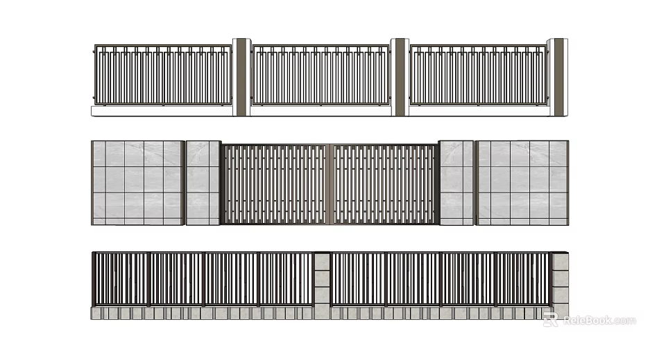 Modern Architectural Exterior Wall With Vertical Metal Slats Glass Panels And Stone Cladding 3d model 