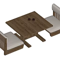 Wooden Square Tea Table And Chairs With Light Cushions And Two Black Cups