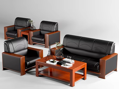 Modern Black Leather Sofa Coffee Table Set With Wooden Frame Side Tables Decorative Books 3d model