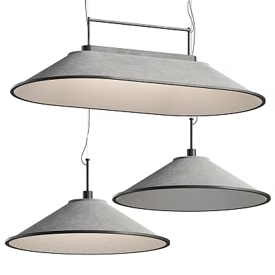 Three Contemporary Pendant Lights With Gray Conical Fabric Shades For Home Interior 3d model
