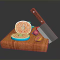 Sliced Salmon on Wooden Cutting Board with Cleaver Knife Small Tomato and Half Lemon