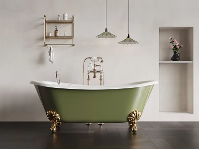 Green Bathtub with Golden Feet and Pendant Lights Shelves Flowers in Bathroom 3d model