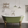 Green Bathtub with Golden Feet and Pendant Lights Shelves Flowers in Bathroom
