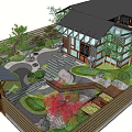 Traditional Japanese Garden Landscape With Wooden Pavilion Red Maple Stone Pathways Pruned Shrubs Bamboo Fence