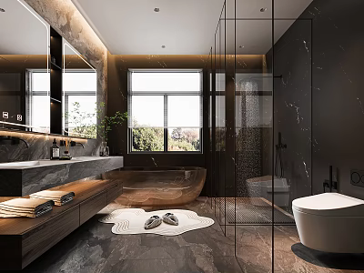 Luxurious Modern Bathroom With Glass Shower Free Standing Bathtub Wooden Vanity Large Mirror And Marble Flooring 3d model