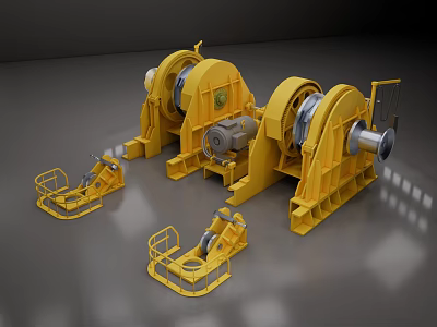 Yellow Heavy Duty Industrial Winches Featuring Large Drums And Auxiliary Control Units 3d model