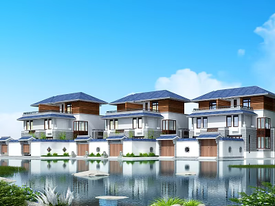 Elegant Townhouse Row With Blue Roof White Exterior Balconies And Waterfront View 3d model