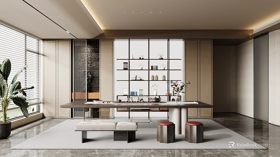 Modern Tea Room Interior Design With Wooden Tea Table And Ceramic Tea Sets 3d model 