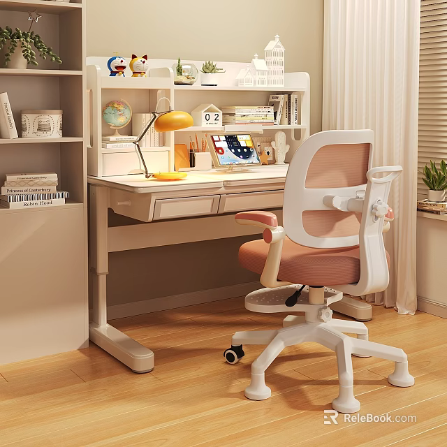 Kids Study Desk With Bookshelf Lamp Globe Storage Drawers And Ergonomic Chair 3d model 
