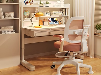 Kids Study Desk With Bookshelf Lamp Globe Storage Drawers And Ergonomic Chair 3d model