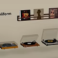 Poliform Three Stylish Vinyl Record Players with Clear Covers on Shelf and Music Records