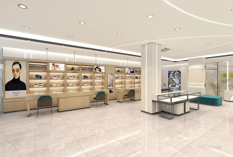 Modern Specialty Store Interior With Shelves Display Counters Seating And Bright Lighting 3d model