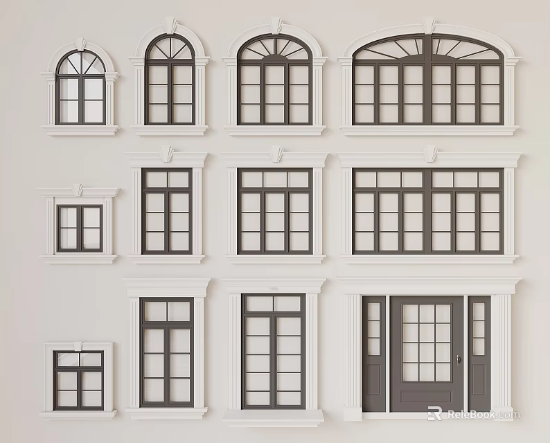 Casement Windows Various Architectural Styles Sizes with White Frames and Grid Patterns 3d model 