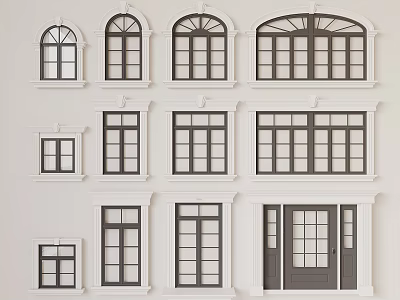 Casement Windows Various Architectural Styles Sizes with White Frames and Grid Patterns 3d model