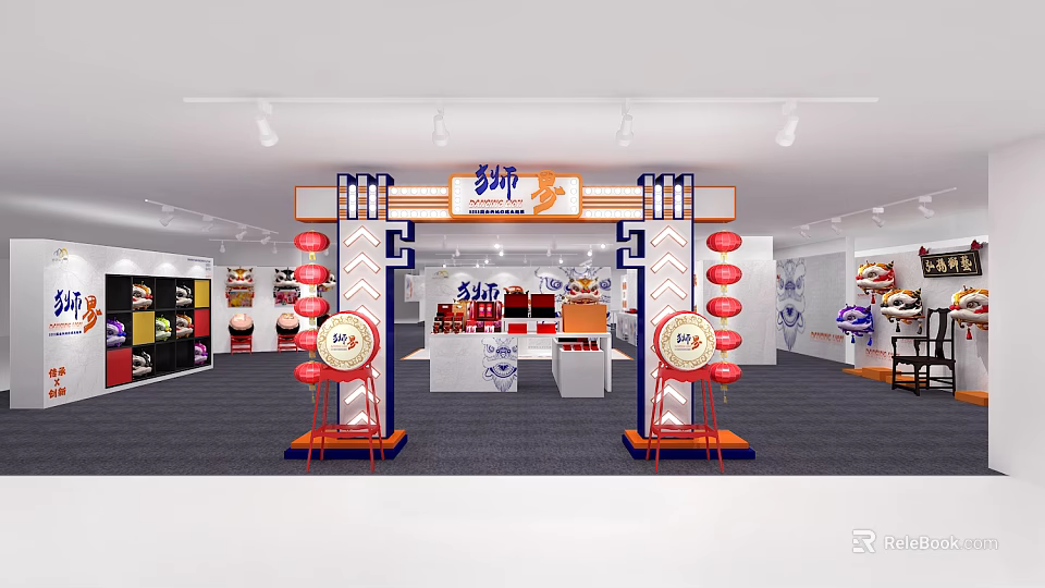 Jingshi Exhibition Booth Design With Chinese Style Red Lanterns Drums And Product Displays 3d model 