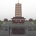 Traditional Ancient Chinese Architecture With Illuminated Pagoda Courtyard And Water Reflection