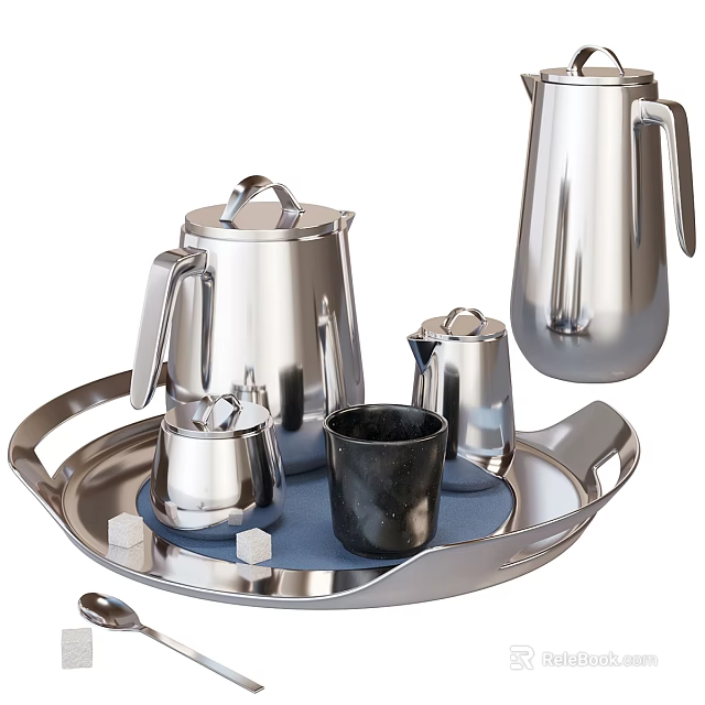 Stainless Steel Tea Set with Teapot Milk Jug Sugar Cubes and Black Cup on Tray 3d model 