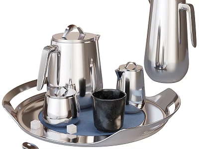 Stainless Steel Tea Set with Teapot Milk Jug Sugar Cubes and Black Cup on Tray 3d model