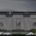 Chinese Traditional Scenic Wall With Tile Roof Landscape Painting Windows Rockery And Grass