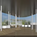 Modern Pergola With White Columns Wooden Deck And Surrounding Plants Under Open Sky