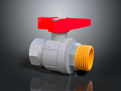 3D Rendered Ball Valve With Red Handle Silver Body And Yellow Threaded End 3d model