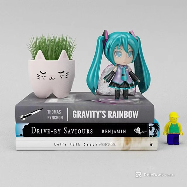 Stack of Books with Anime Figure Cat Planter Pen and Lego Minifigure 3d model 