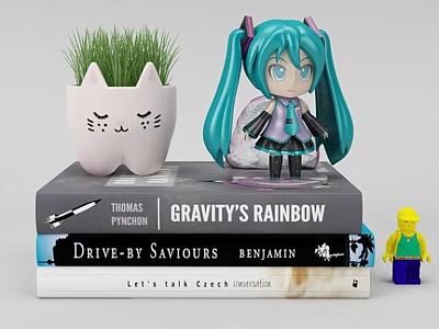 Stack of Books with Anime Figure Cat Planter Pen and Lego Minifigure 3d model