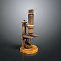 Vintage Brass Microscope With Wooden Base And Metal Structure Components