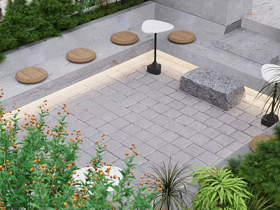 Garden Landscape With Gray Stone Tiles Circular Cushions Small Table Green Plants And Steps 3d model