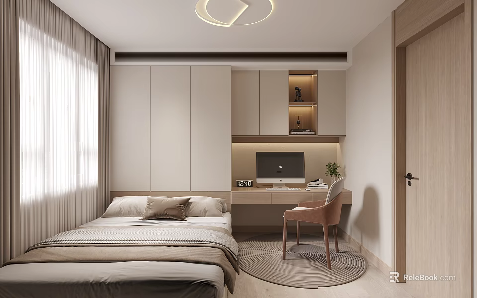 Tatami Bedroom Modern Interior With Built in Cabinets Desk Computer Chair And Round Carpet 3d model 
