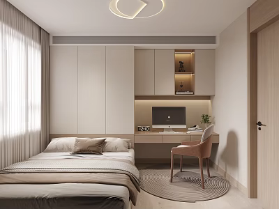 Tatami Bedroom Modern Interior With Built in Cabinets Desk Computer Chair And Round Carpet 3d model