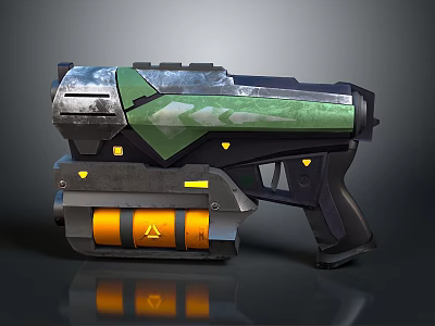 Futuristic Sci Fi Gun Design With Green Armor Orange Cylinder And Yellow Lights 3d model