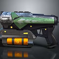 Futuristic Sci Fi Gun Design With Green Armor Orange Cylinder And Yellow Lights