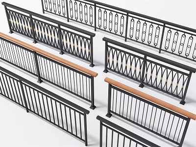 Various Styles Black Metal Fences With Patterned Rails And Wooden Top Strips For Outdoor Use 3d model
