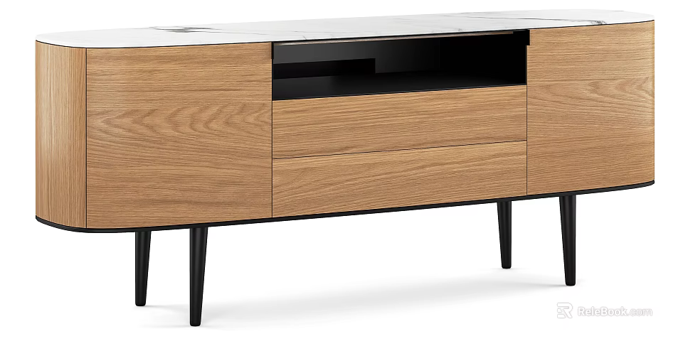 Modern Oak TV Stand With Storage Drawers And Black Metal Legs Design 3d model 