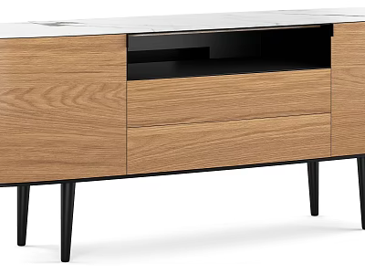 Modern Oak TV Stand With Storage Drawers And Black Metal Legs Design 3d model