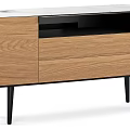 Modern Oak TV Stand With Storage Drawers And Black Metal Legs Design
